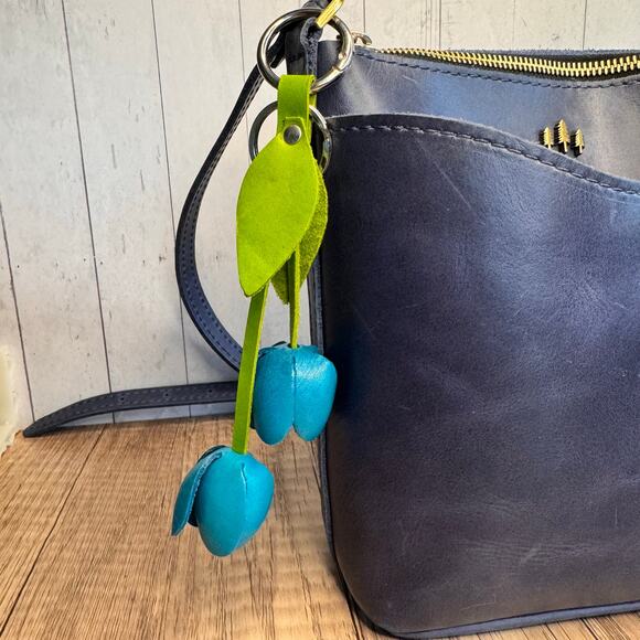 West Hills Studio Handbags - Leather Bright Blue Tulip Purse Charm Genuine Leather Tulip Flower Bag Charm
